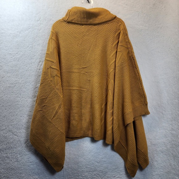 Mustard Knit Poncho Sweater Womens Cowl Neck Acrylic Oversized Layering Cozy - Picture 2 of 9